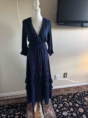 Baltic Born Navy Lace-Trim Maxi Dress
